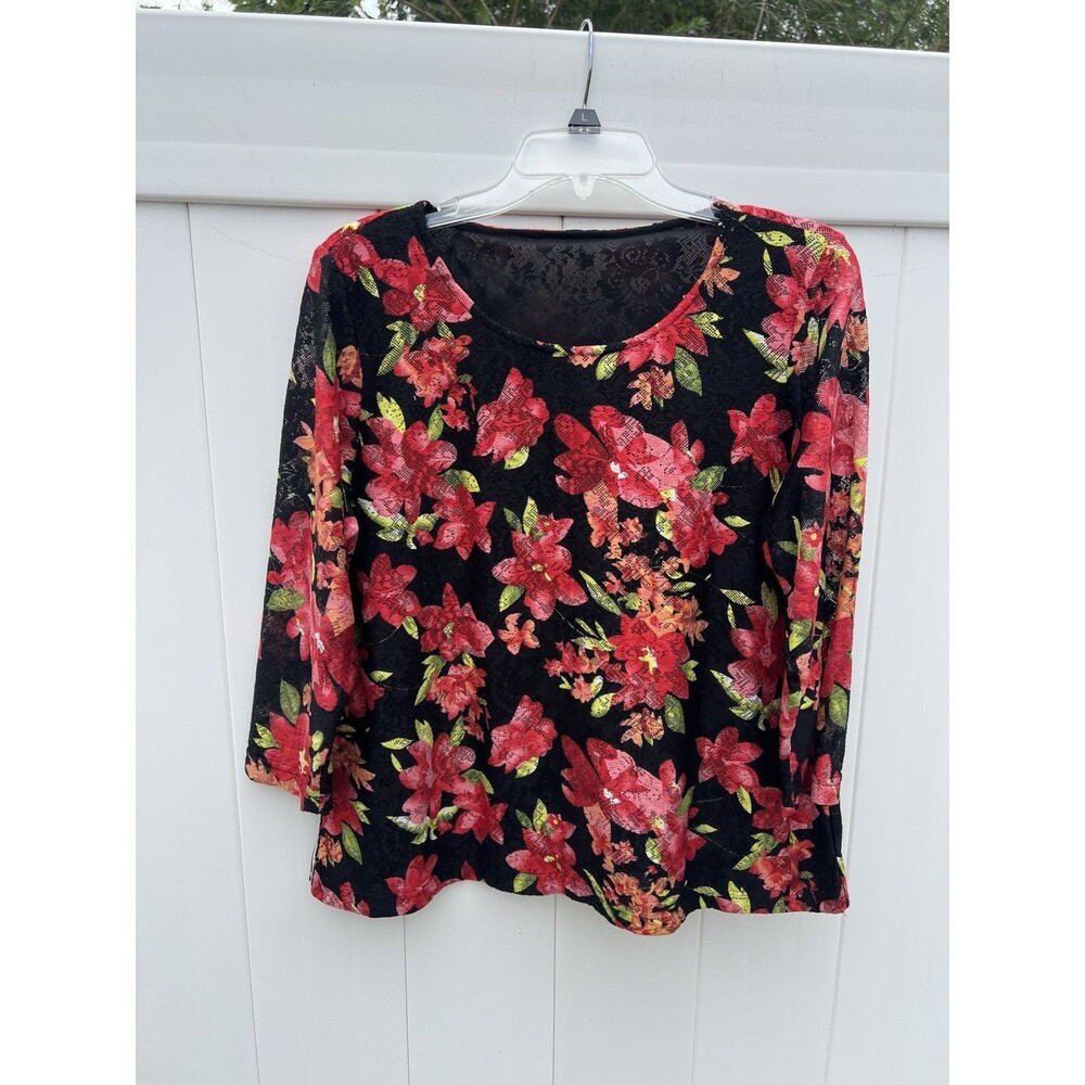 Cathy Daniels Top Womens XL * Black Red Dark Floral Lace Overlay